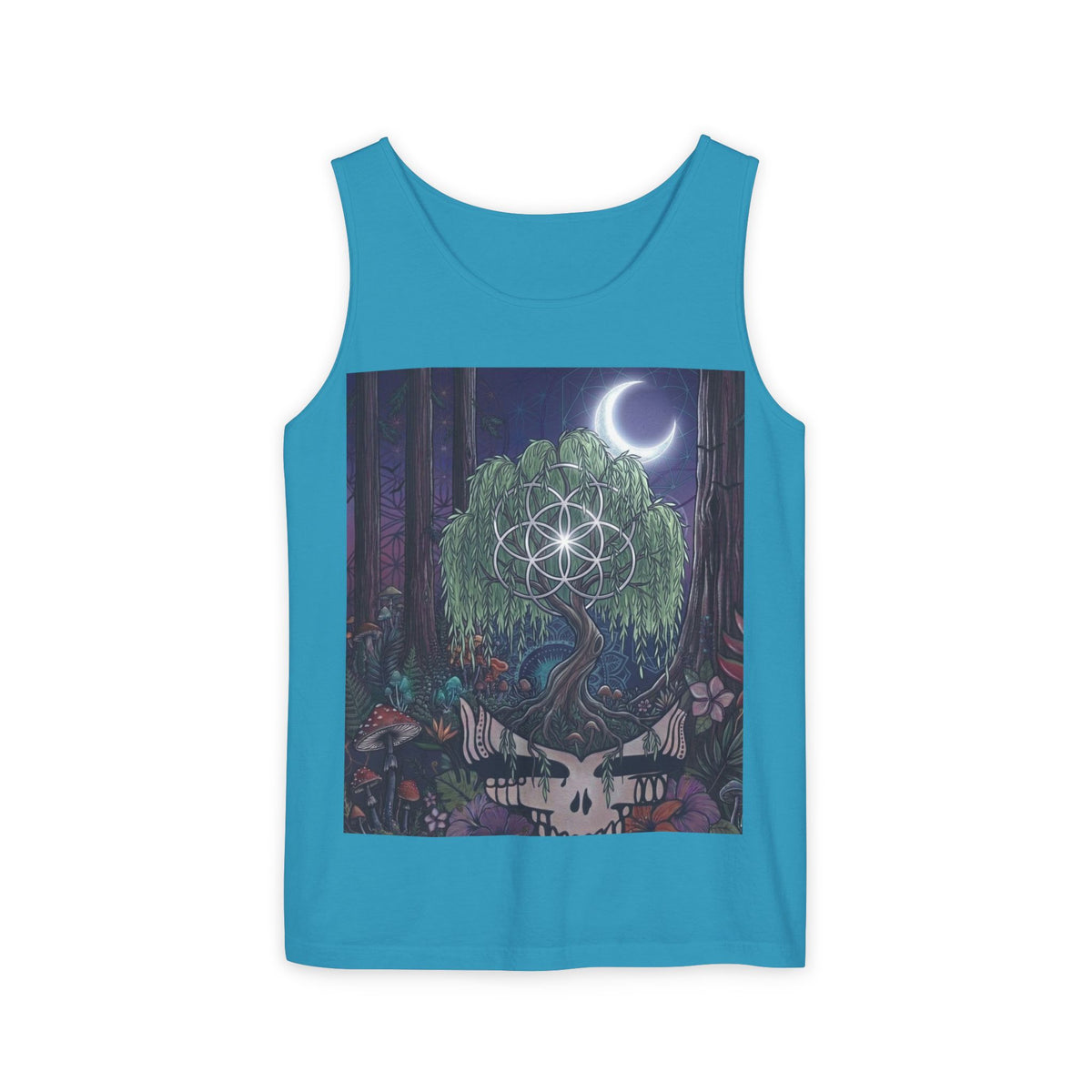 Mystical Moonlit Forest Tree Tank Top | Crescent Moon, Geometric Flower of Life
