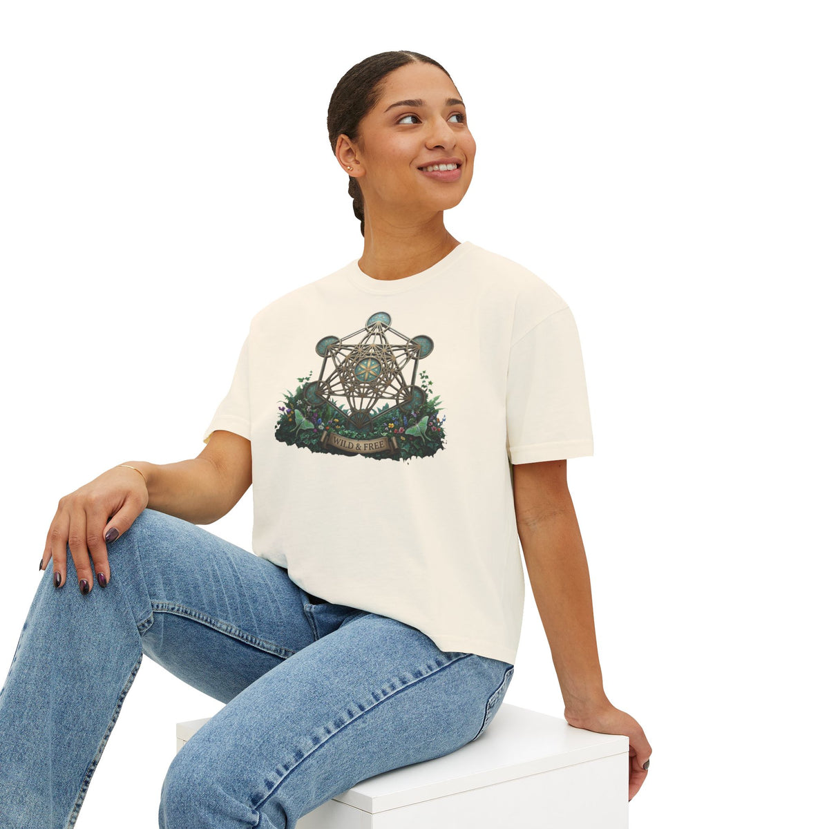 Sacred Geometry Forest Wheel Tee | Metatron's Cube, Botanical Mystic Design