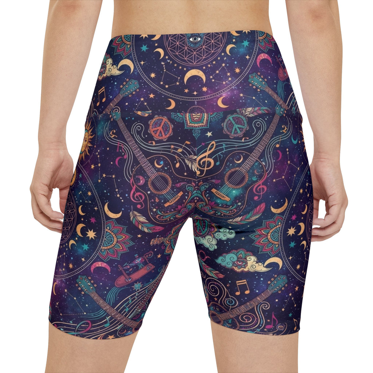 Celestial Music Pattern Workout Shorts | Cosmic Moon Sun Guitar