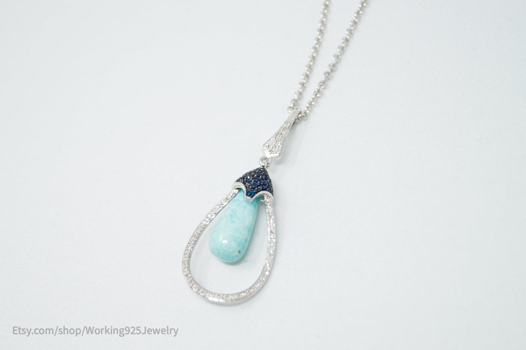 Vtg Designer RPG Ocean Blue Larimar Sapphire Diamond Sterling Silver Necklace