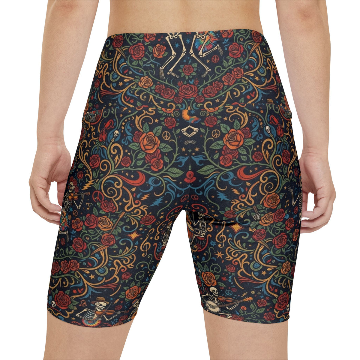 Ornate Deadhead Skeleton Pattern Biker Shorts | High Waisted Yoga Workout Shorts, Psychedelic Sacred Geometry Earth Tone