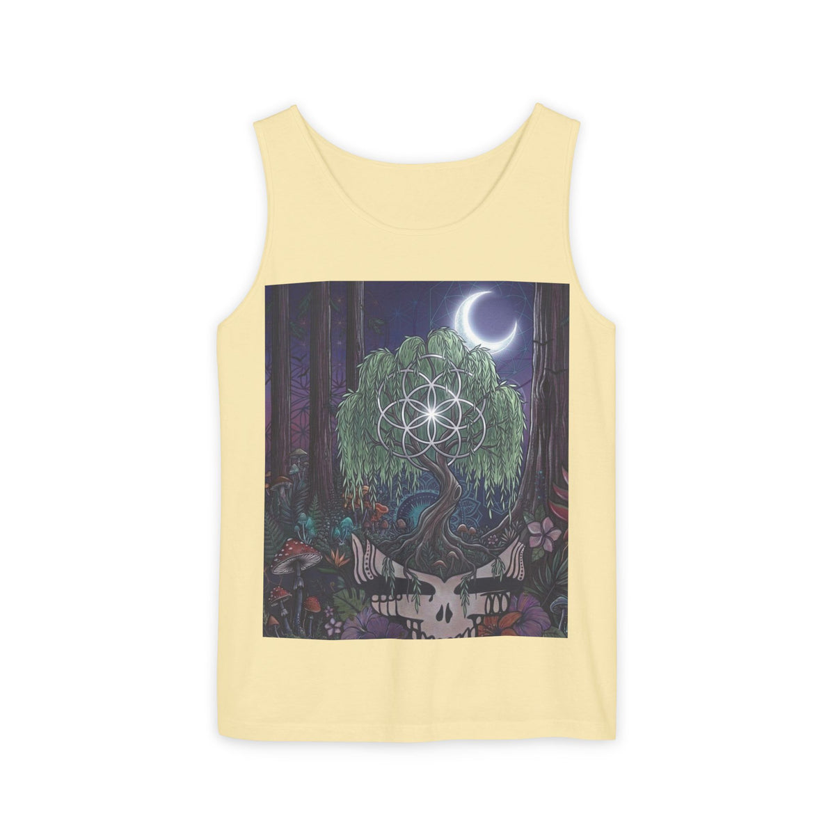 Mystical Moonlit Forest Tree Tank Top | Crescent Moon, Geometric Flower of Life