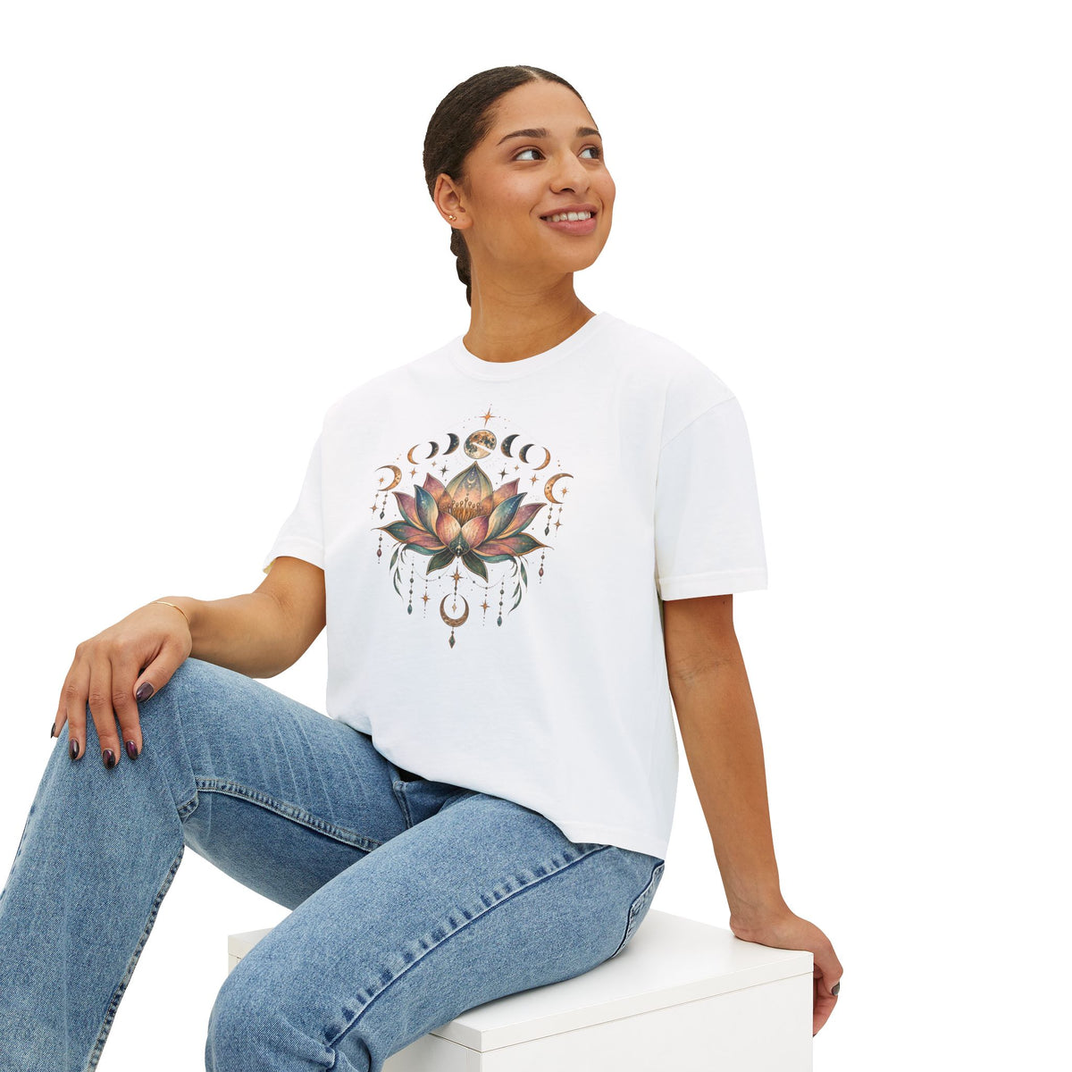 Lotus Moon Phases Tee | Floral Mandala, Celestial Lotus T-shirt