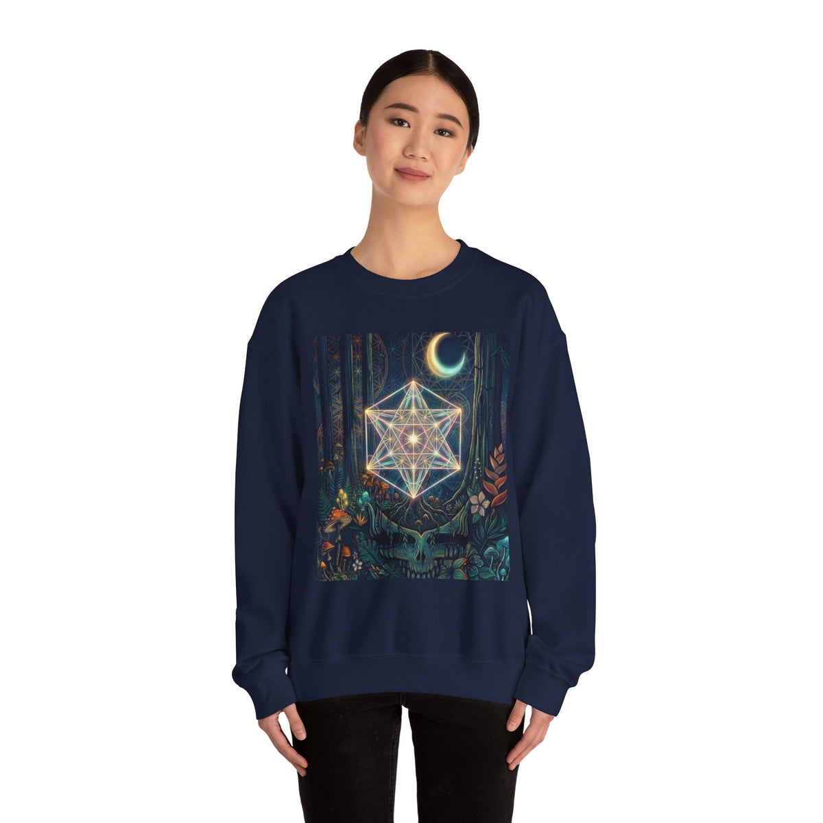 Sacred Geometry Star Mandala Crewneck Sweatshirt | Moon Forest Illustration, Deadhead gift