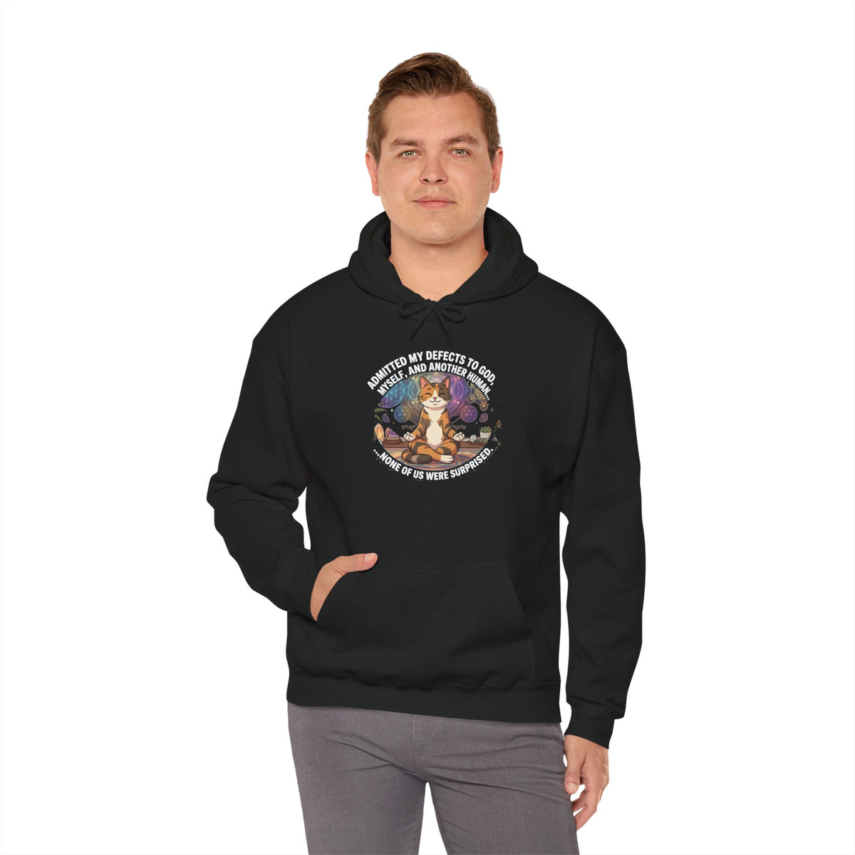 Meditating Cat Recovery Hoodie Funny NA Quote Spiritual Principle Graphic Sweatshirt Sobriety Gift