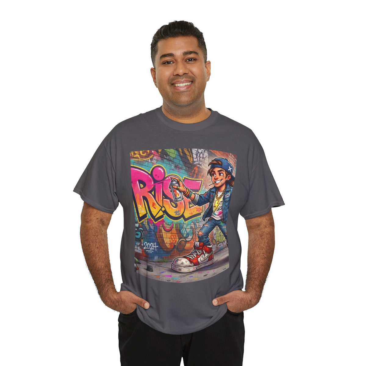 Graffiti Kid Skateboard Art T-Shirt | Urban Streetwear, Colorful Spray Paint Design