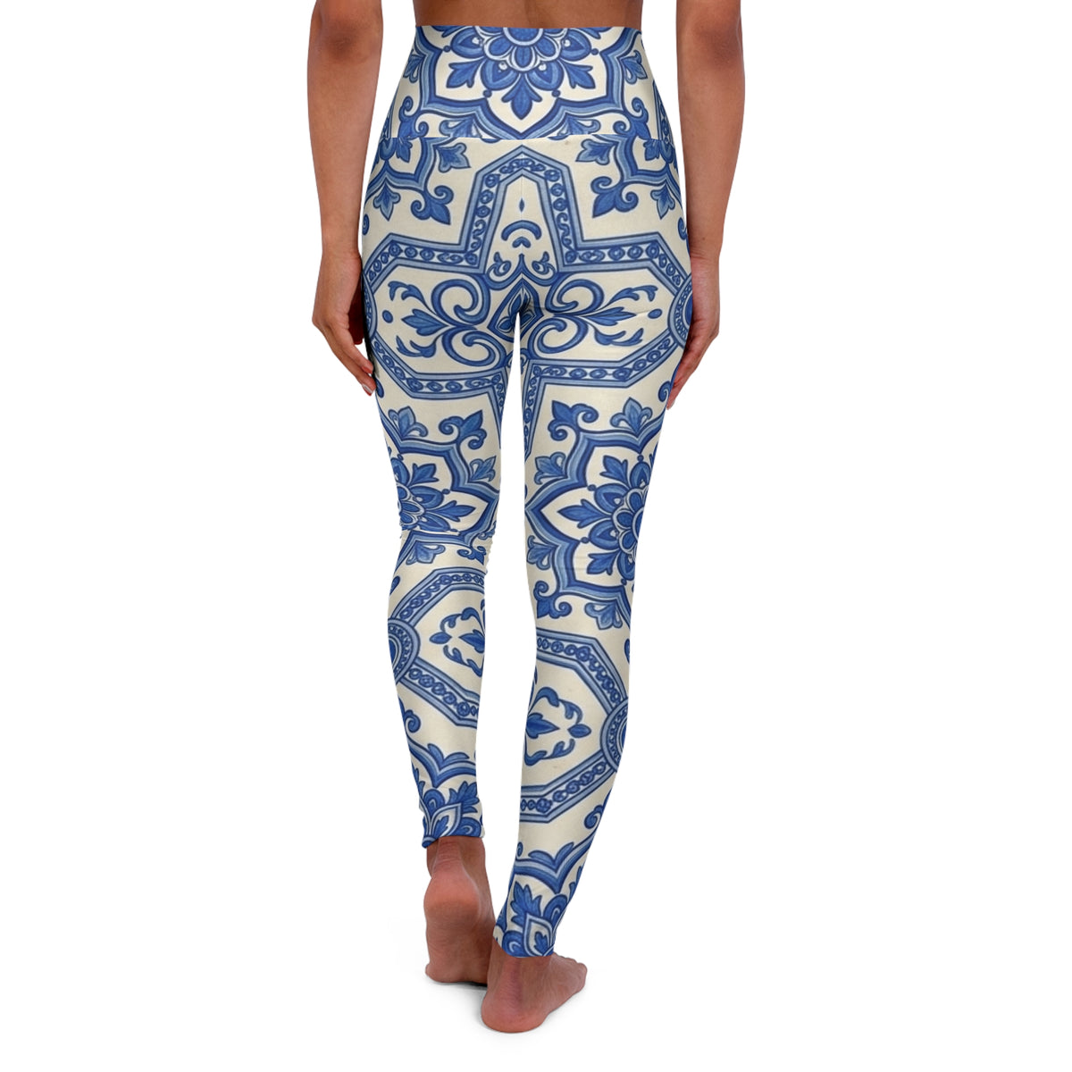 Blue Tile Pattern Leggings | High Waisted Yoga Leggings Spanish Talavera Ceramic Print, Mosaic Mandala Boho Festival Pants