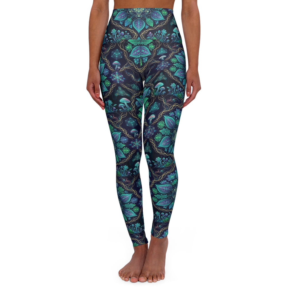 Festival apparel Teal Floral Vine Pattern Leggings High Waisted Yoga Leggings | Mystic Botanical Print