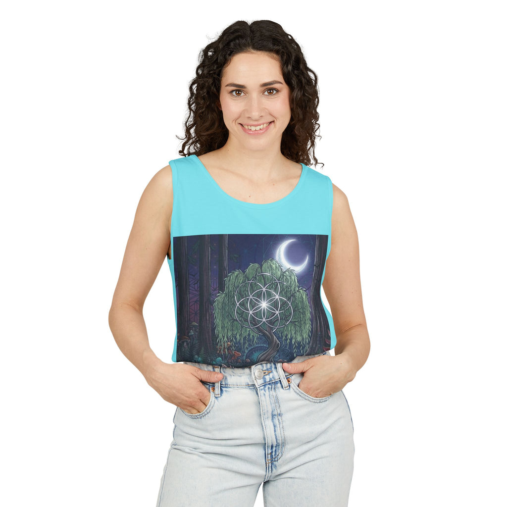 Mystical Moonlit Forest Tree Tank Top | Crescent Moon, Geometric Flower of Life