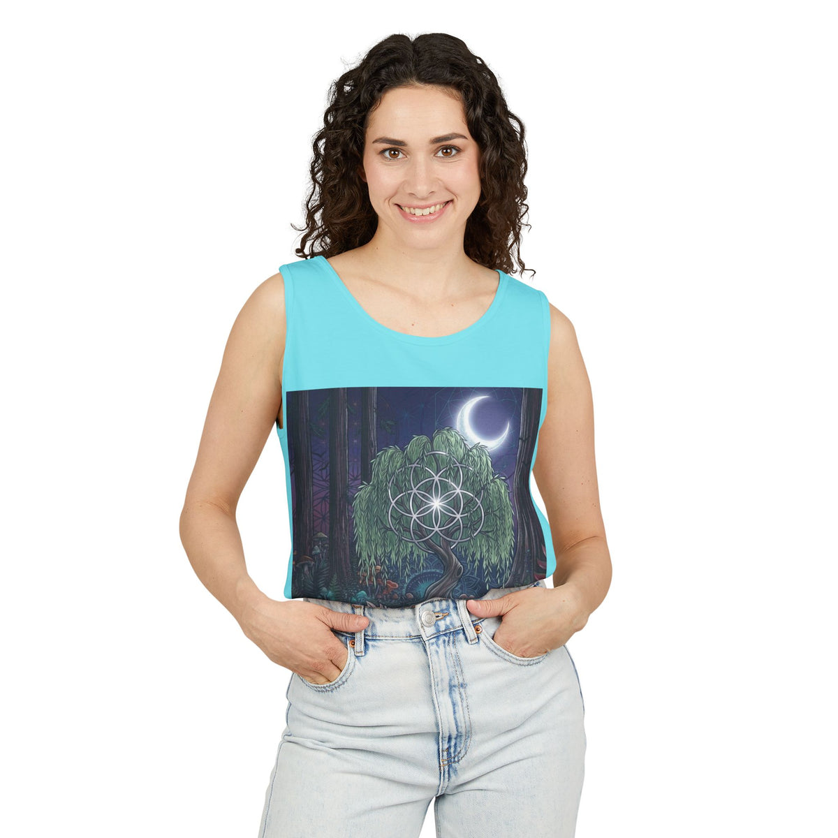 Mystical Moonlit Forest Tree Tank Top | Crescent Moon, Geometric Flower of Life