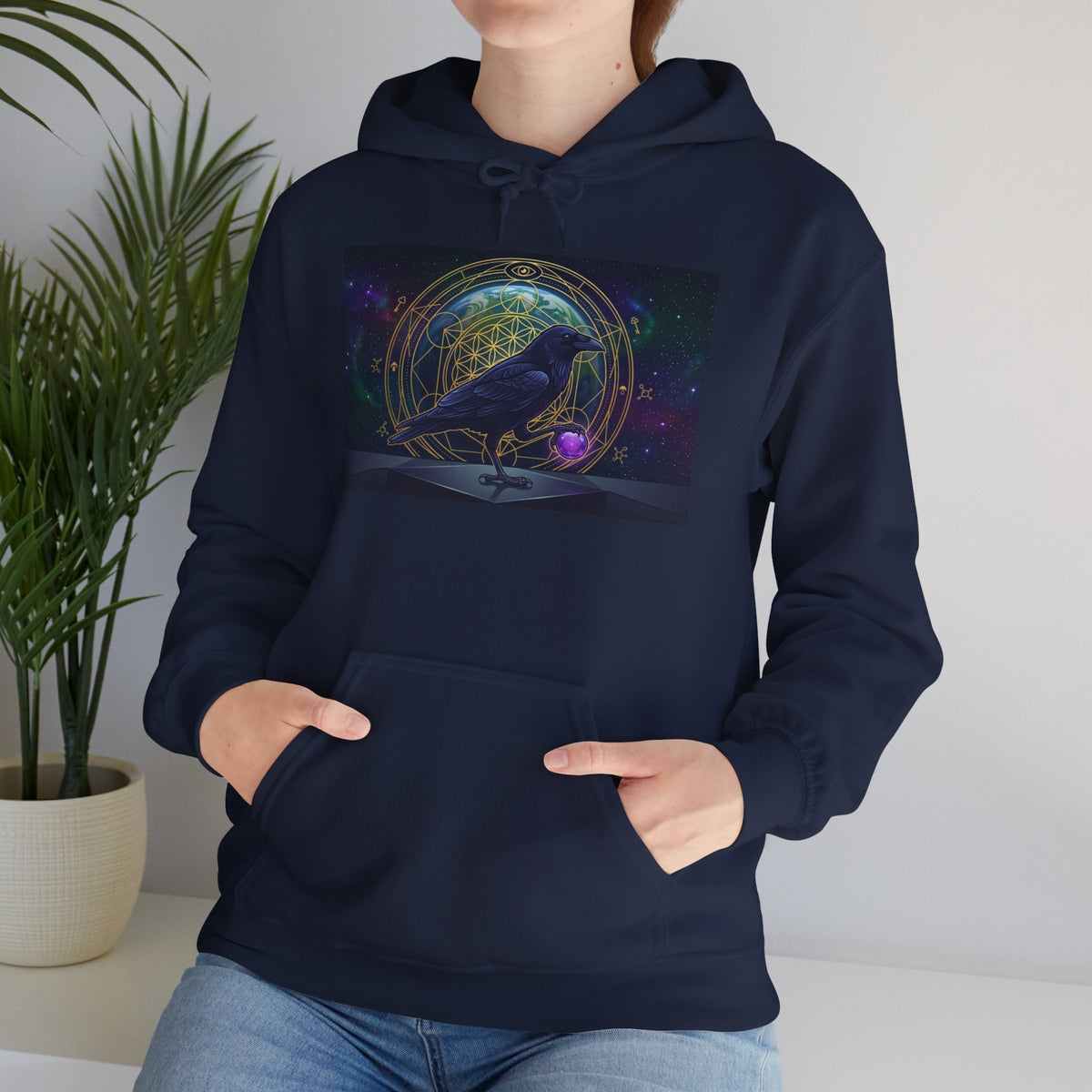 Mystic Raven Illustration Hoodie | Celestial Orb, Night Sky