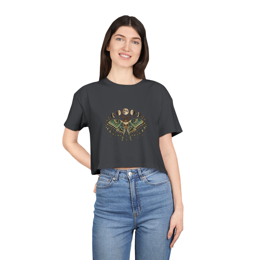Moth with Phases of the Moon Crop Tee | Celestial Nature Boho