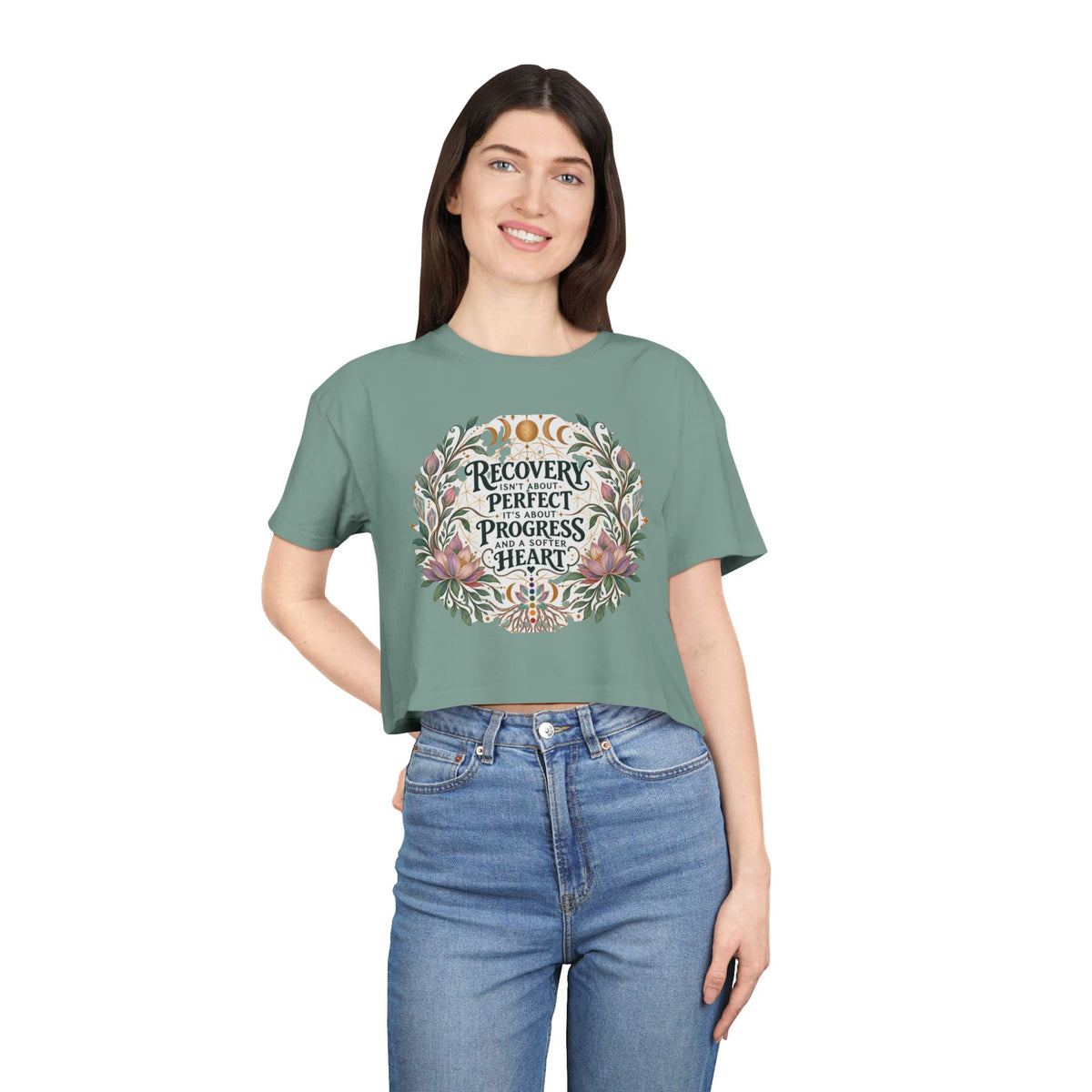 Recovery Is Progress Crop Tee | Floral Laurel Design, Inspirational Quote
