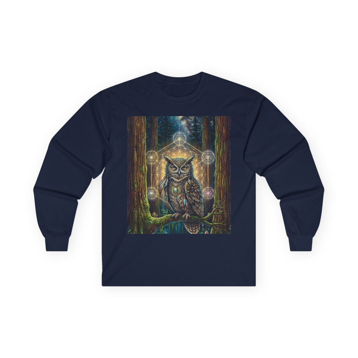 Mystic Owl in Forest Long Sleeve Tee | Moonlight, Geometric Magic