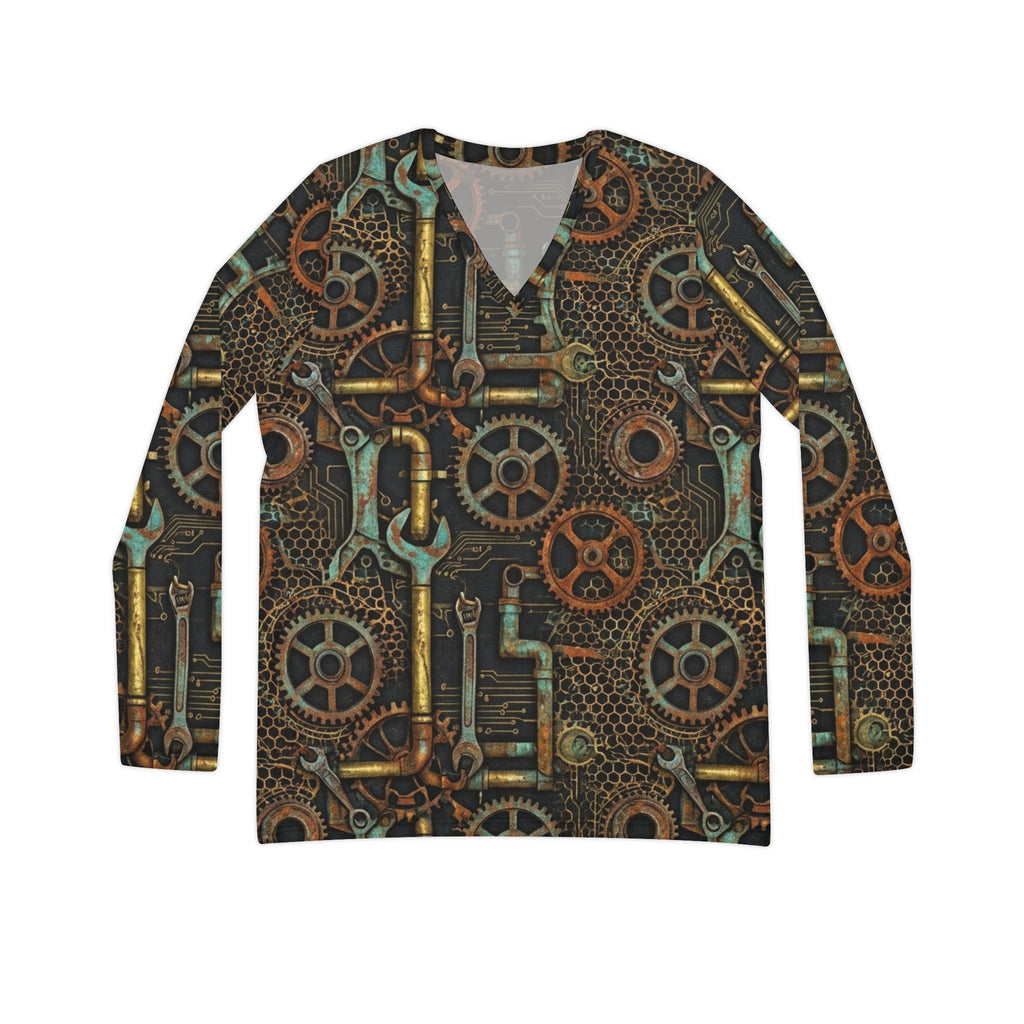 Steampunk Gears and Pipes Long Sleeve V-Neck Shirt | Industrial Mechanical Pattern