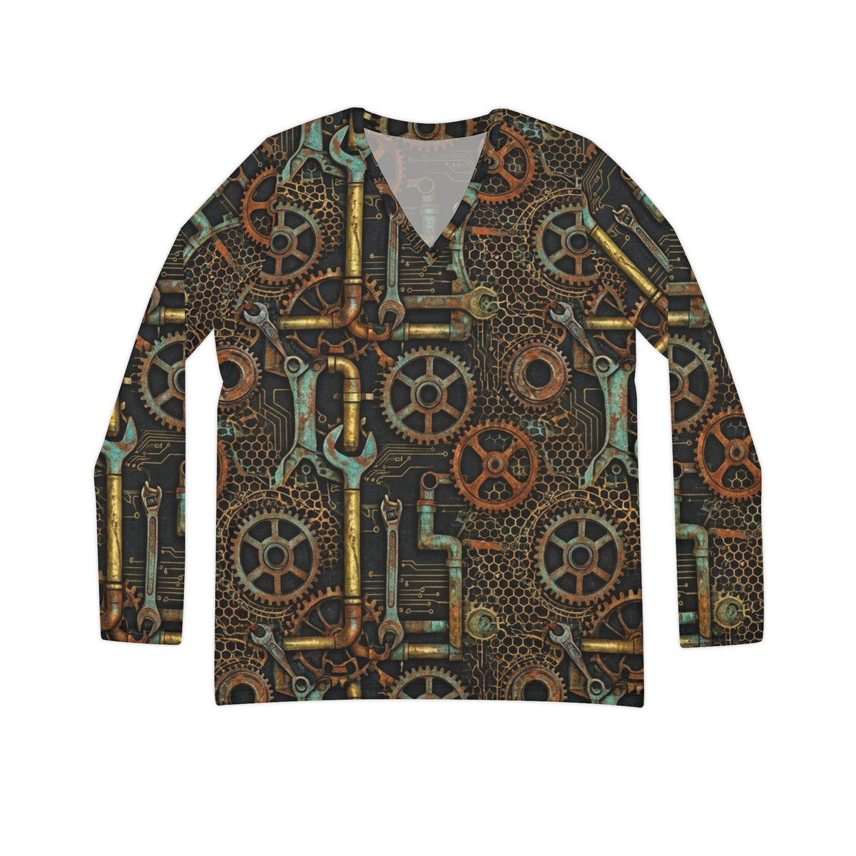 Steampunk Gears and Pipes Long Sleeve V-Neck Shirt | Industrial Mechanical Pattern