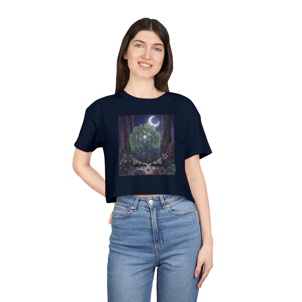 Moonlit Forest Skull Crop Tee | Deer Antlers, Celestial Tree, Night Nature