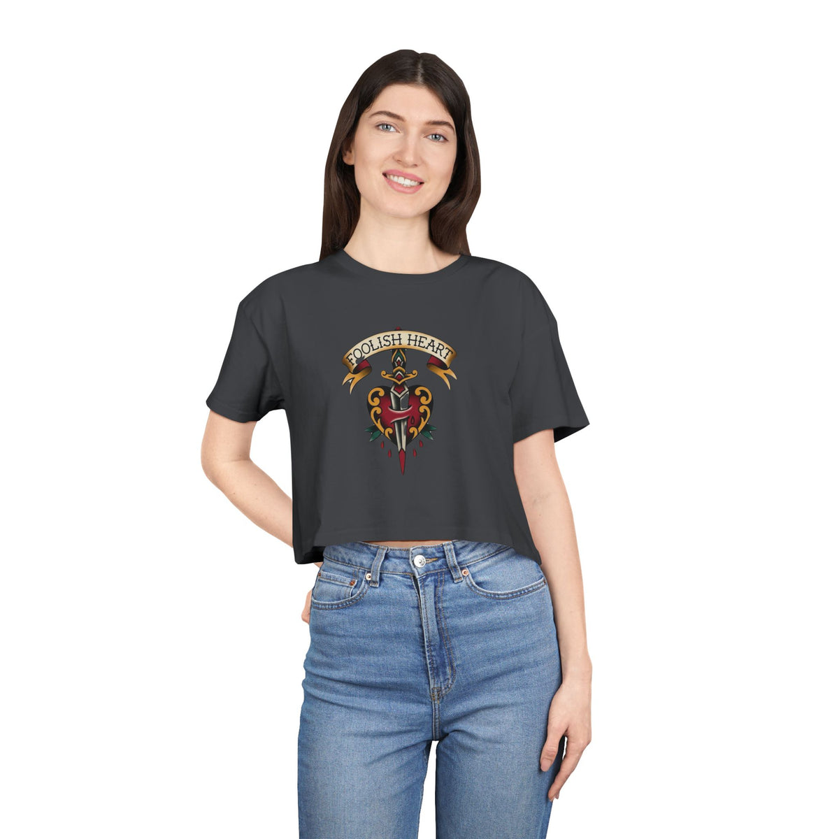 Foolish Heart dagger and bleeding heart graphic Crop Tee | vintage tattoo style