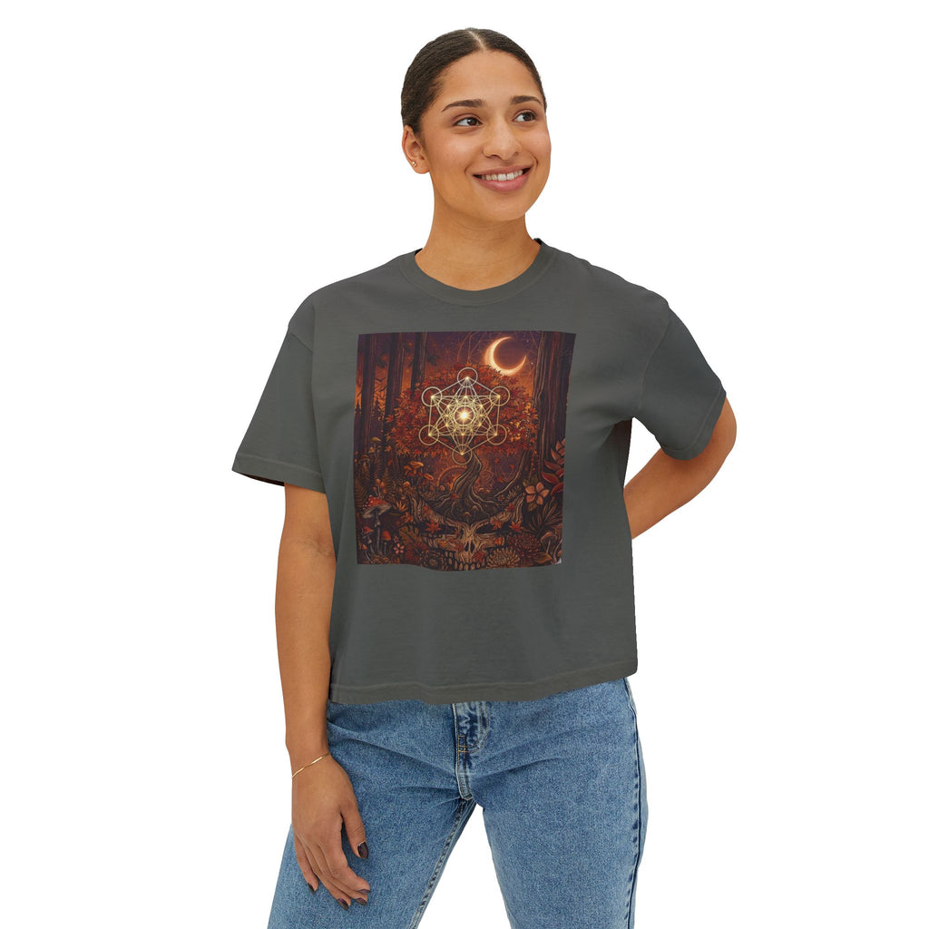 Mystic Forest Mandala Women's Boxy Tee | Crescent Moon, Woodland Animals, Boho Art, deadhead gift