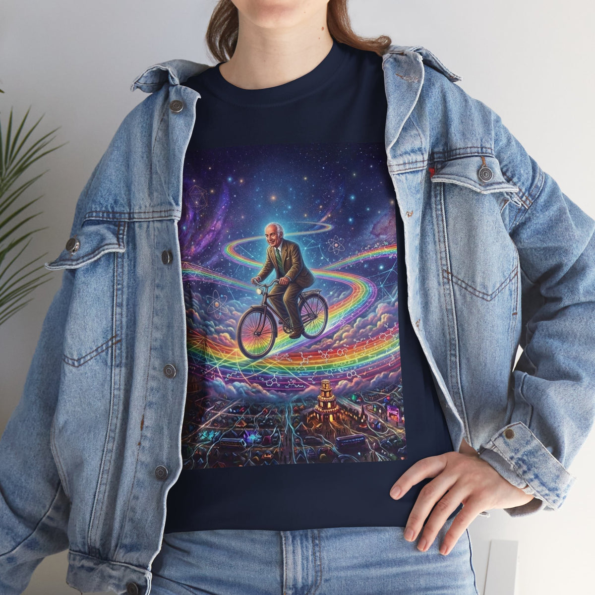 Albert Hoffman Riding Bicycle Through Rainbow Galaxy T-Shirt | Surreal Cosmic Art, Deadhead Gift