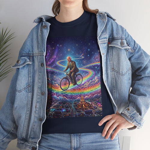 Albert Hoffman Riding Bicycle Through Rainbow Galaxy T-Shirt | Surreal Cosmic Art, Deadhead Gift