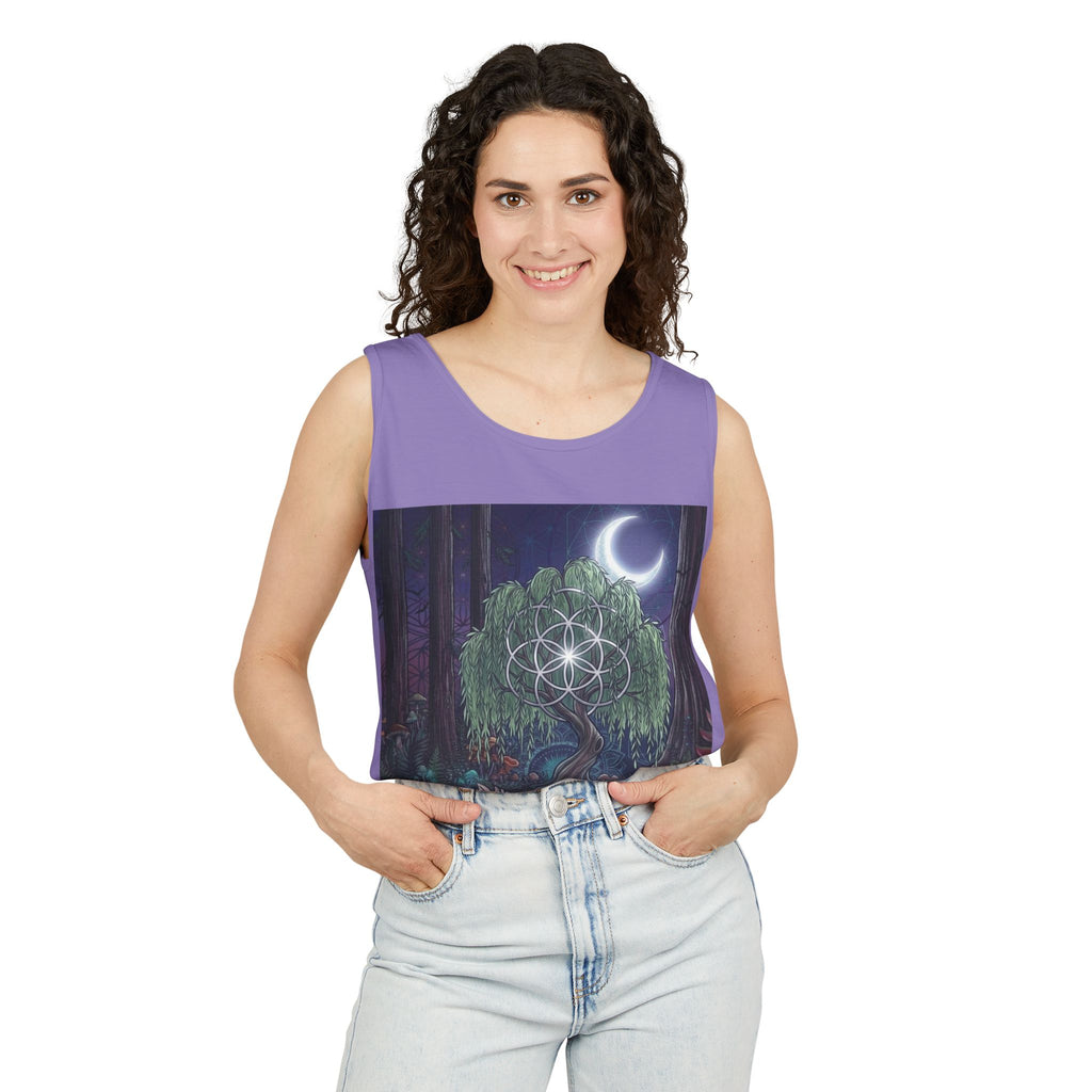 Mystical Moonlit Forest Tree Tank Top | Crescent Moon, Geometric Flower of Life