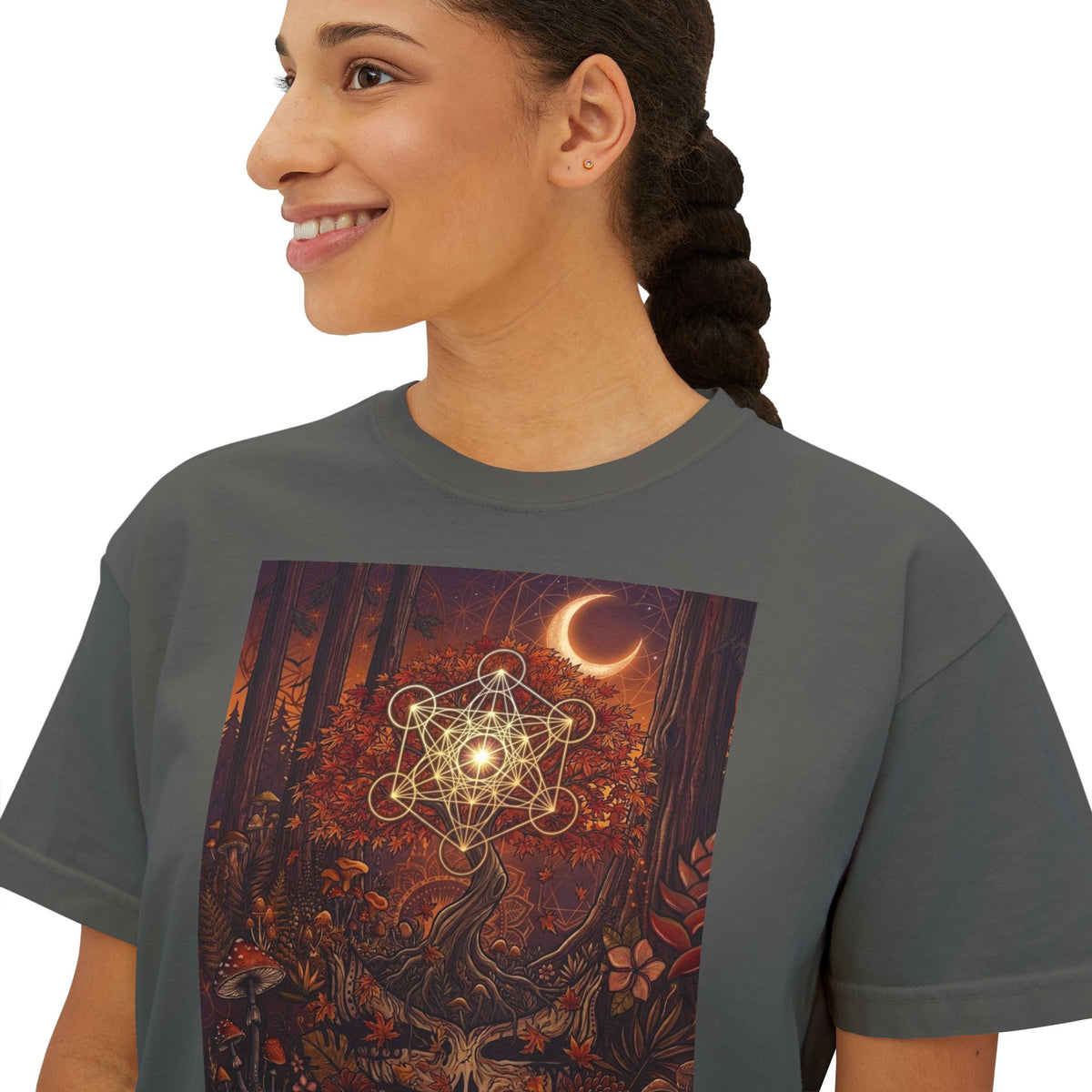 Mystic Forest Mandala Women's Boxy Tee | Crescent Moon, Woodland Animals, Boho Art, deadhead gift