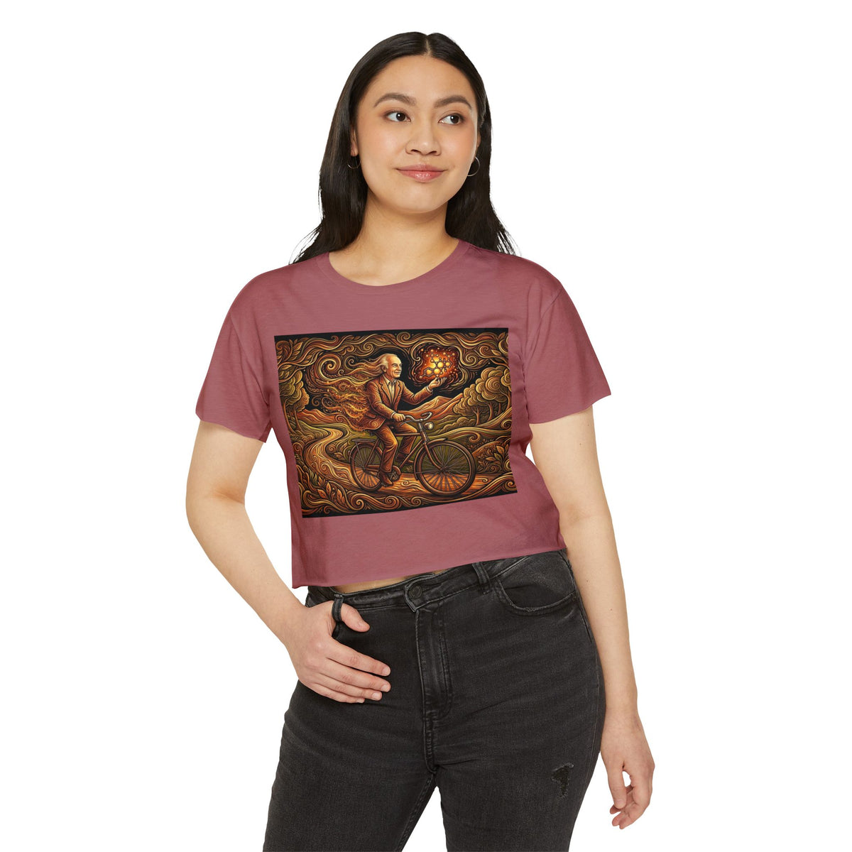 Albert Hoffman Bicycle Lantern Rider Crop Top | Whimsical Night Ride Artwork
