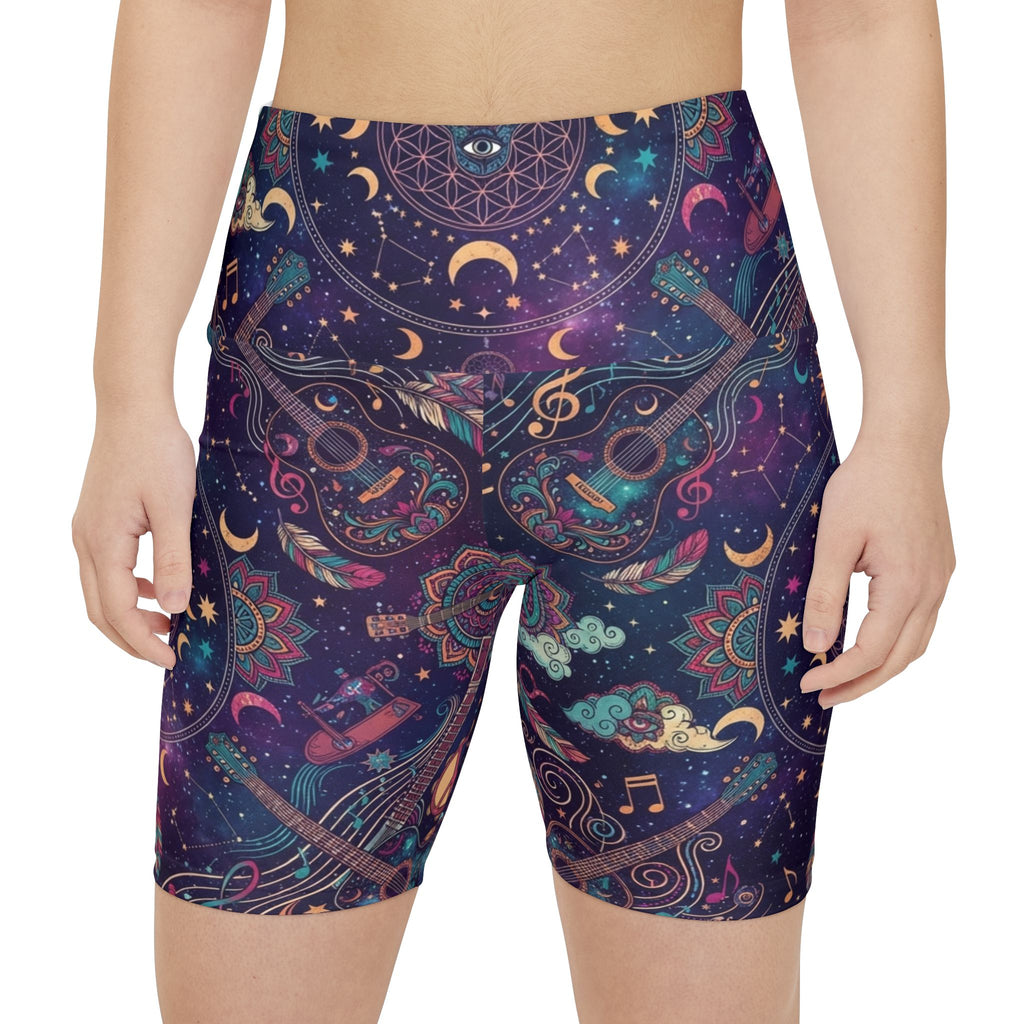 Celestial Music Pattern Workout Shorts | Cosmic Moon Sun Guitar
