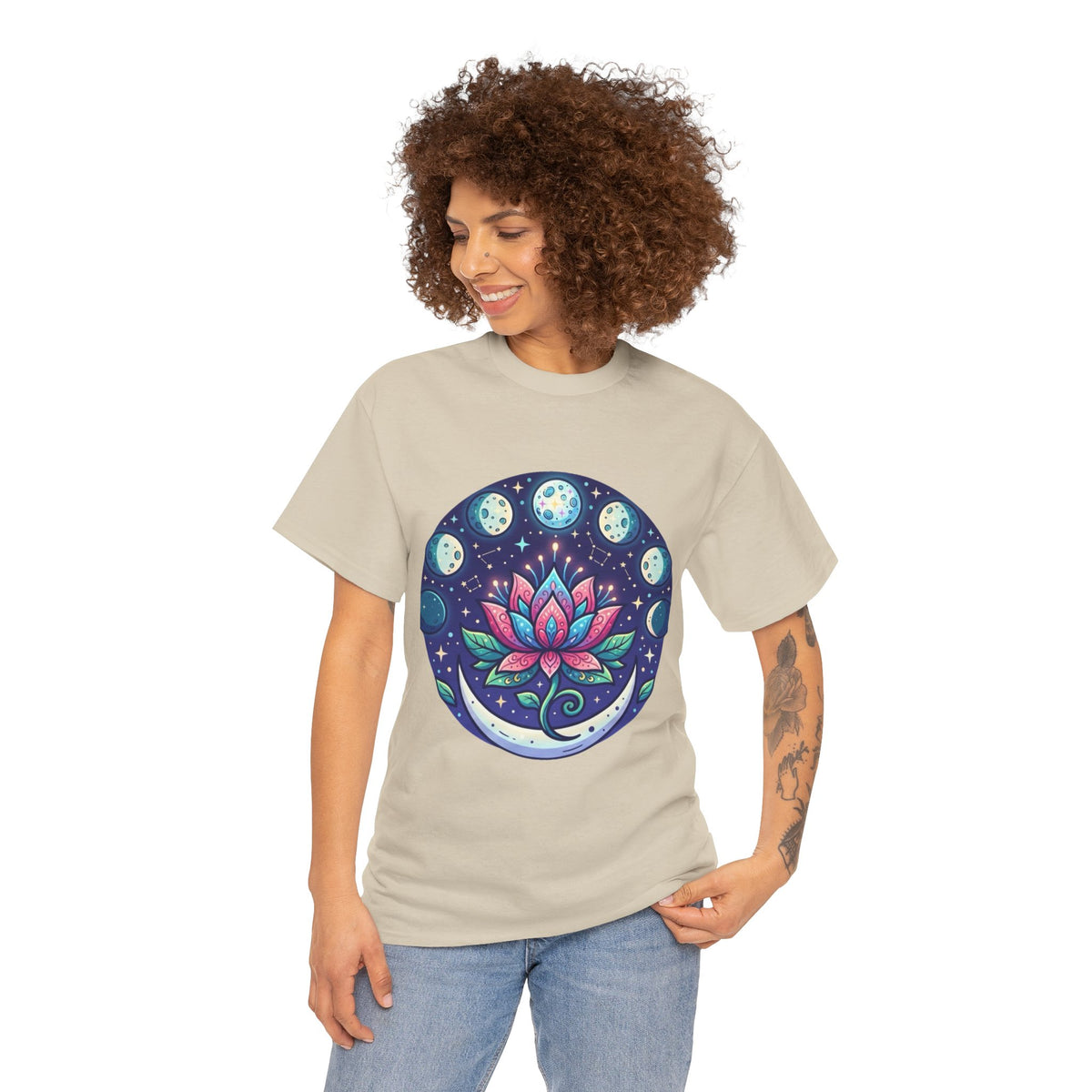 Lotus Moon Phase T-Shirt | Floral Mandala, Celestial Yoga Tee