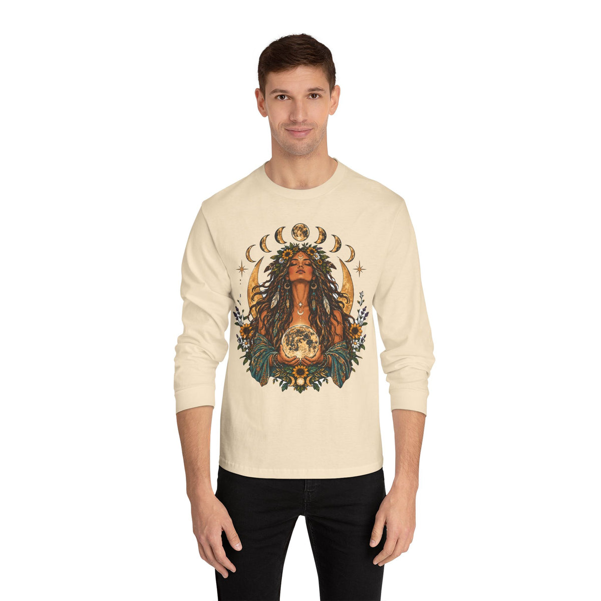 Goddess Moon Phases Mystic Illustration Long Sleeve Tee | Celestial Floral