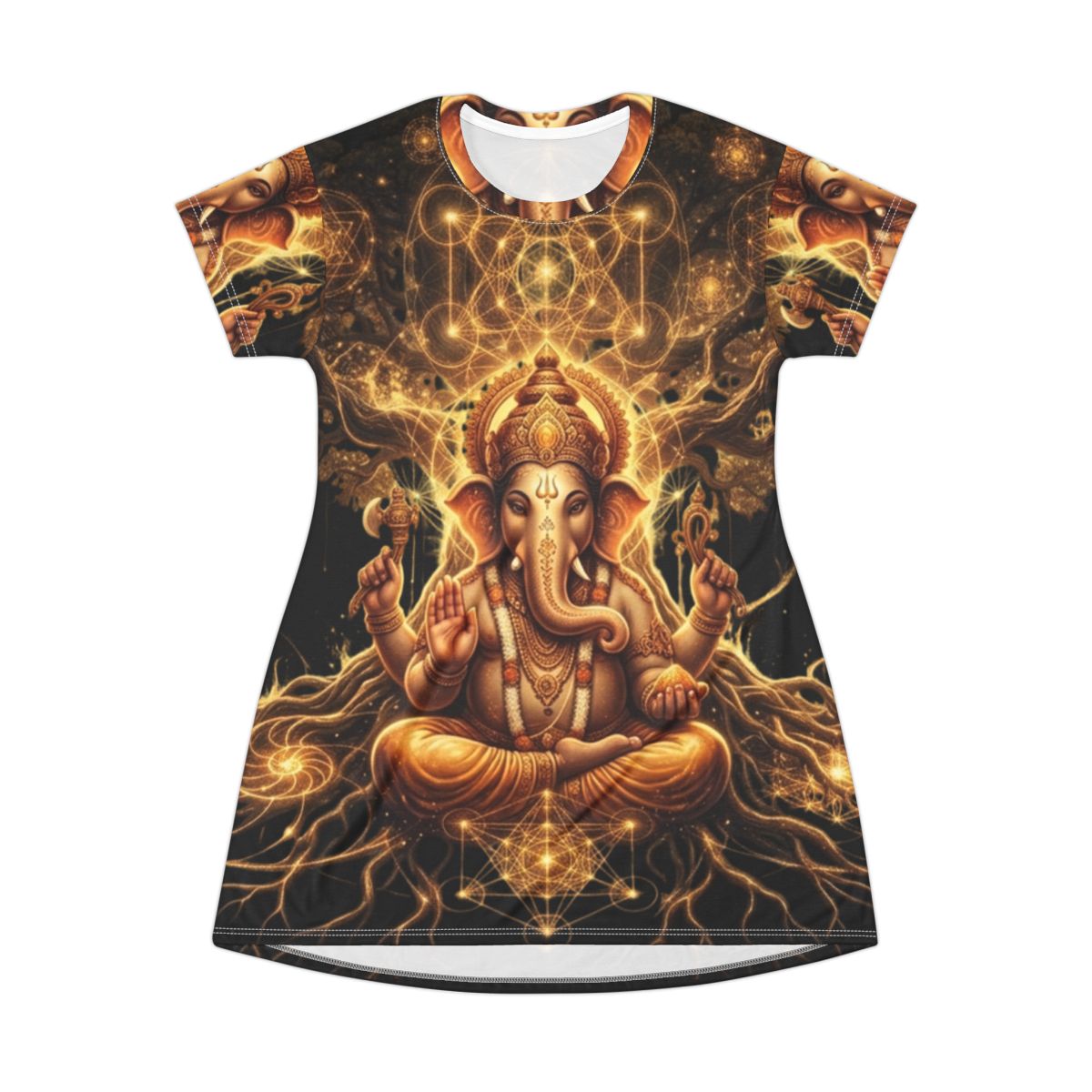 Ganesha Illustration T-Shirt Dress | All-Over Print Spiritual Mandala, Festival Dress, Burning Man Apparel