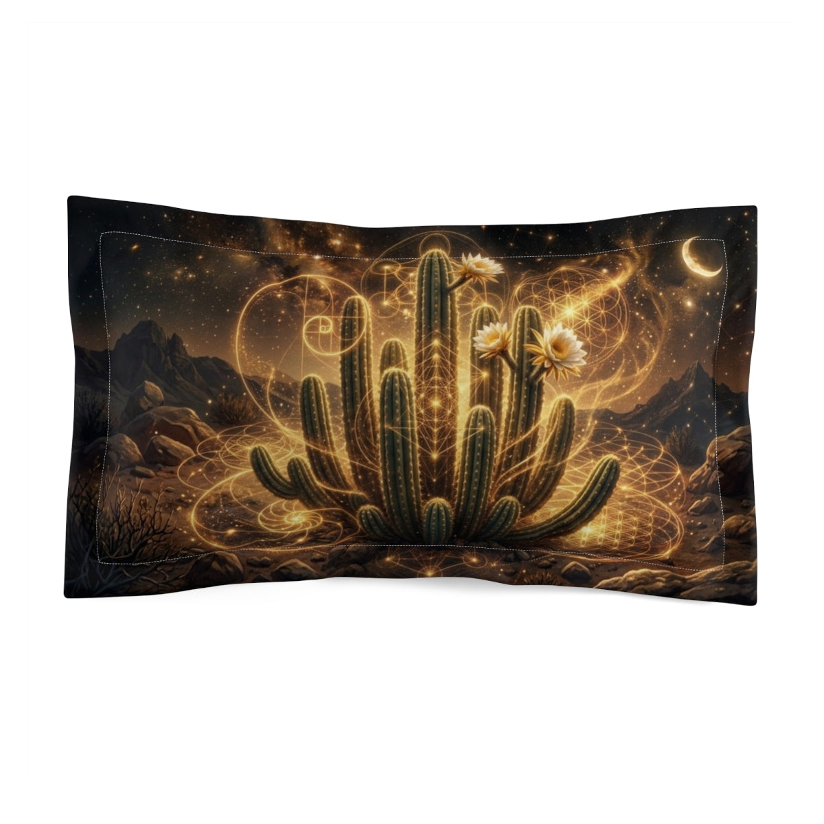 Glowing Desert Cactus Microfiber Pillow Sham | Night Sky, Daisies