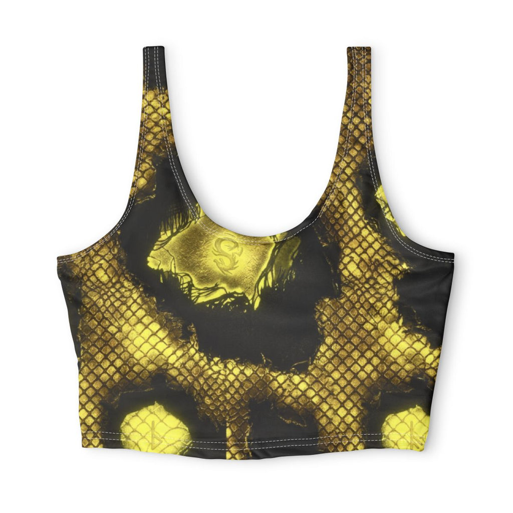 Gold Snake Skin Pattern Sports Bra | Yellow Black Reptile Print, Halloween, Burning Man, Dead, Festival top, Coachella top, Concert gear