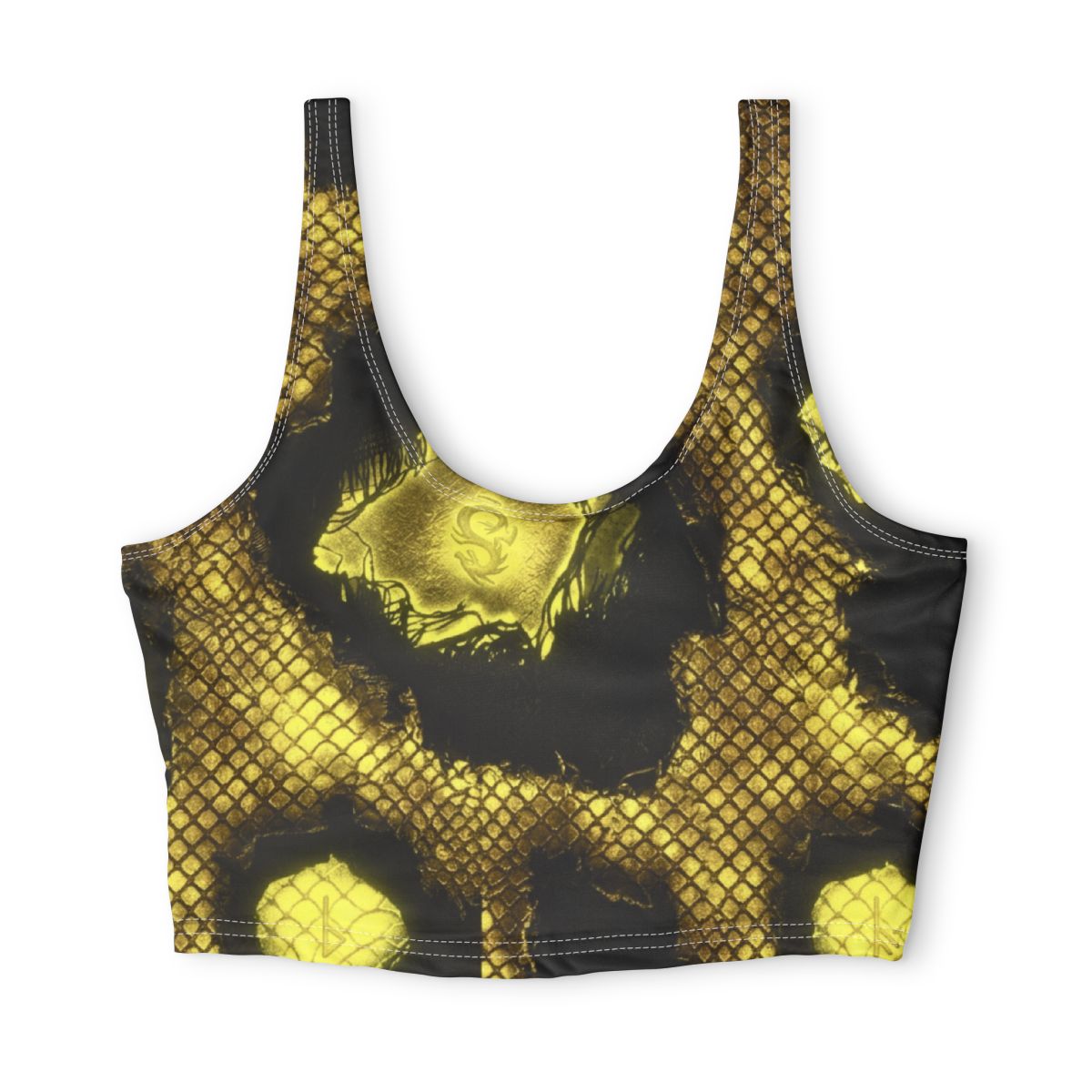 Gold Snake Skin Pattern Sports Bra | Yellow Black Reptile Print, Halloween, Burning Man, Dead, Festival top, Coachella top, Concert gear