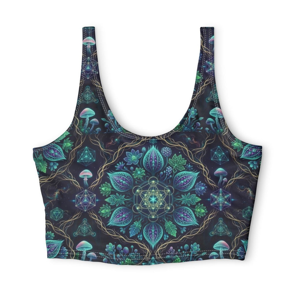 Teal Mushroom Mandala Sports Bra | Forest Floral Psychedelic Crop