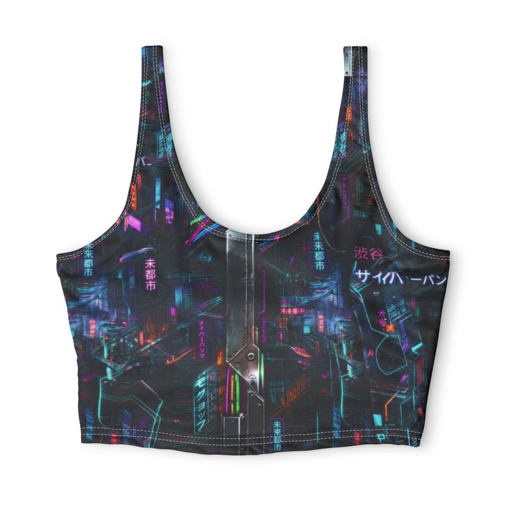 Neon Cyberpunk City Sports Bra | Futuristic Nightscape Activewear