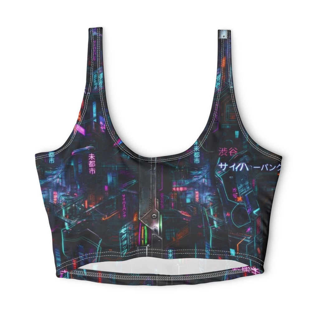Neon Cyberpunk City Sports Bra | Futuristic Nightscape Activewear