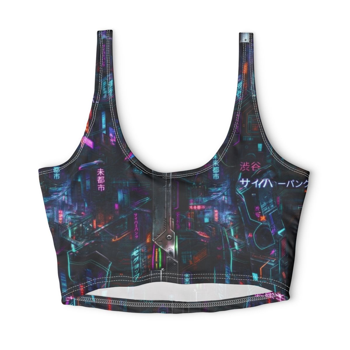 Neon Cyberpunk City Sports Bra | Futuristic Nightscape Activewear