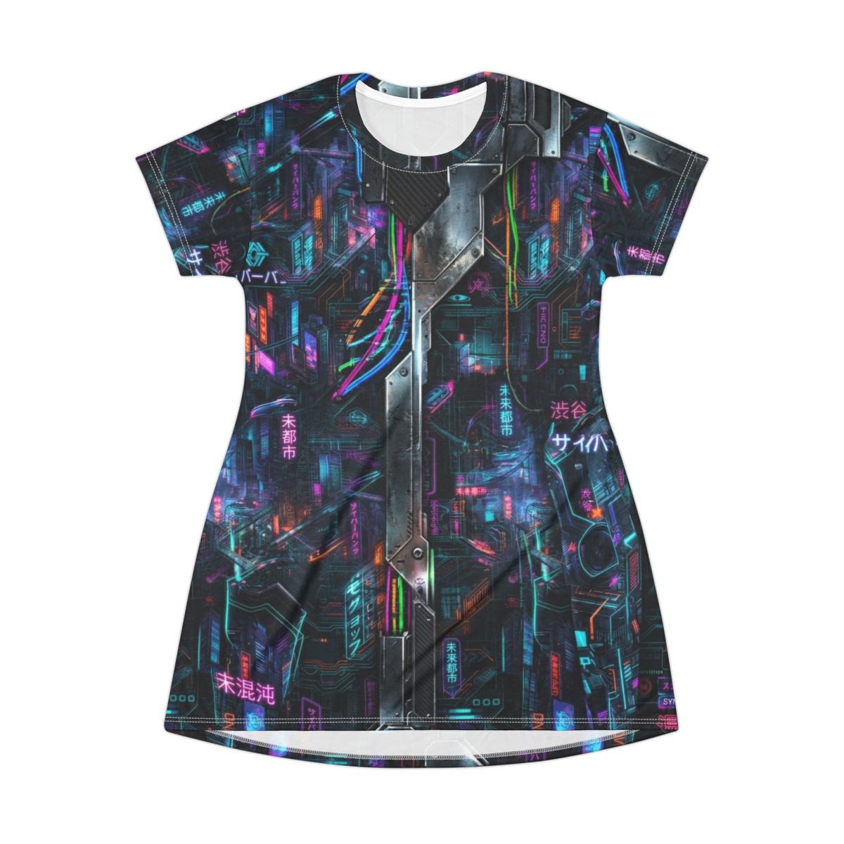 Cyberpunk Neon City T-Shirt Dress | Futuristic Tokyo Nightscape, Burning Man Attire, Raver Apparel, Festival Dress
