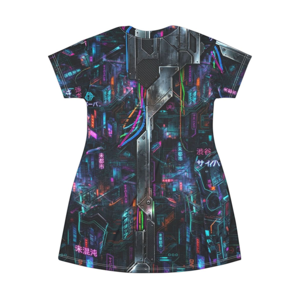 Cyberpunk Neon City T-Shirt Dress | Futuristic Tokyo Nightscape, Burning Man Attire, Raver Apparel, Festival Dress