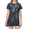 Cyberpunk Neon City T-Shirt Dress | Futuristic Tokyo Nightscape, Burning Man Attire, Raver Apparel, Festival Dress