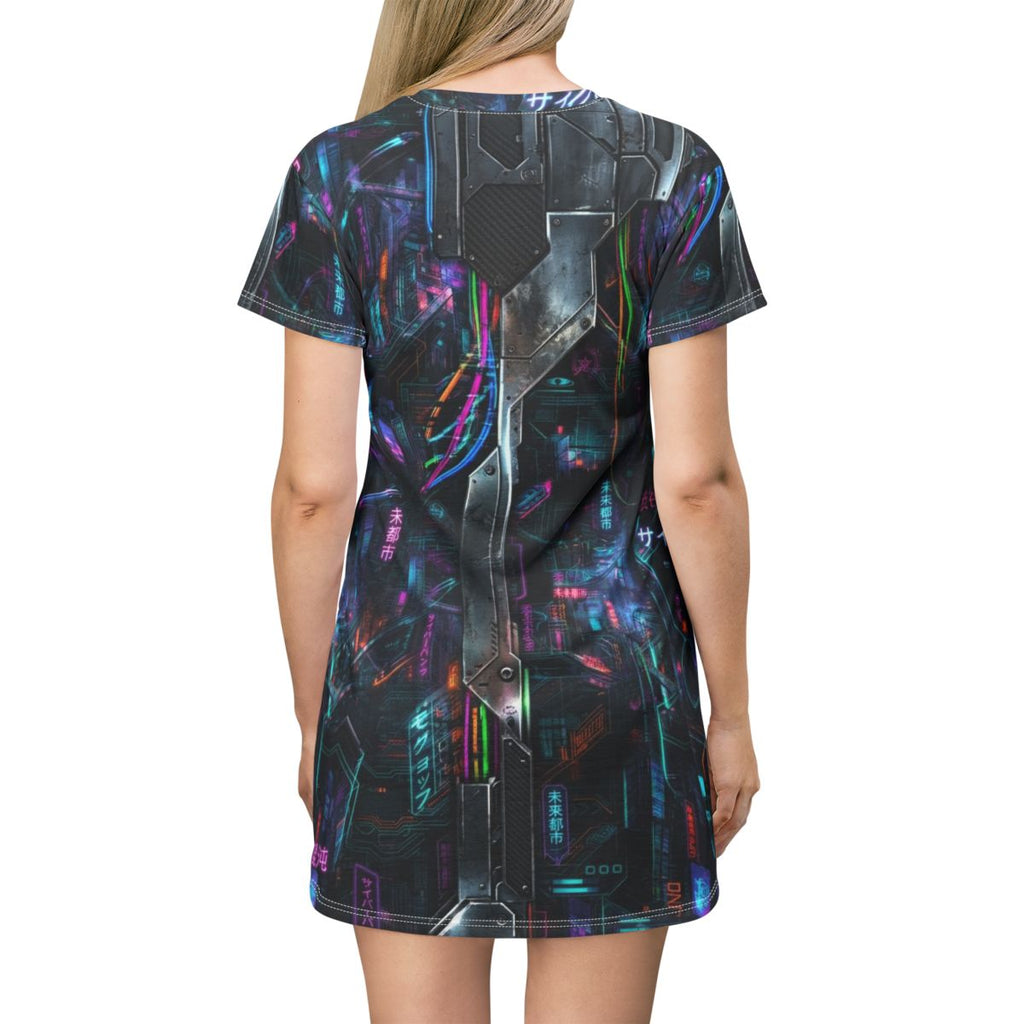 Cyberpunk Neon City T-Shirt Dress | Futuristic Tokyo Nightscape, Burning Man Attire, Raver Apparel, Festival Dress