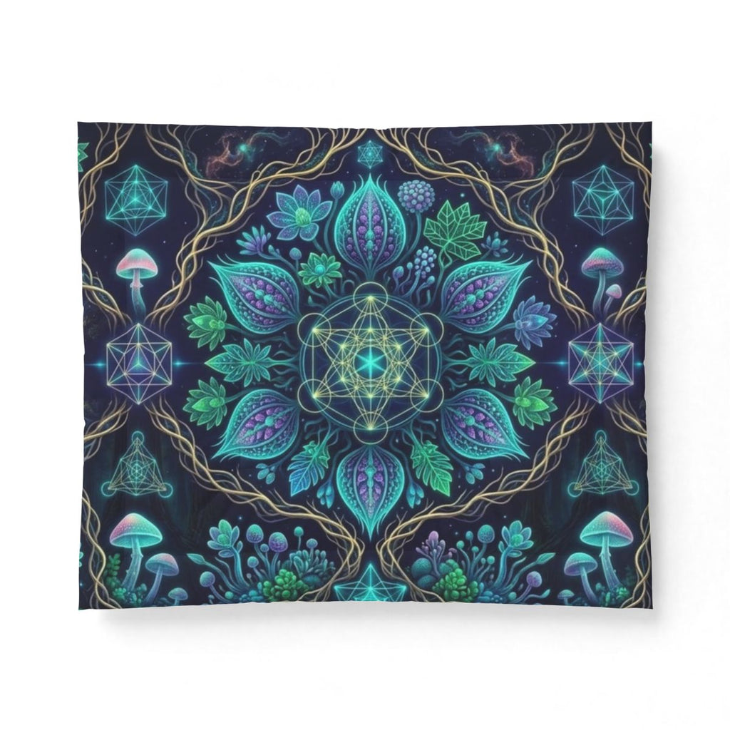Floral Sacred Geometry Cotton Comforter | Teal Mushroom Mandala