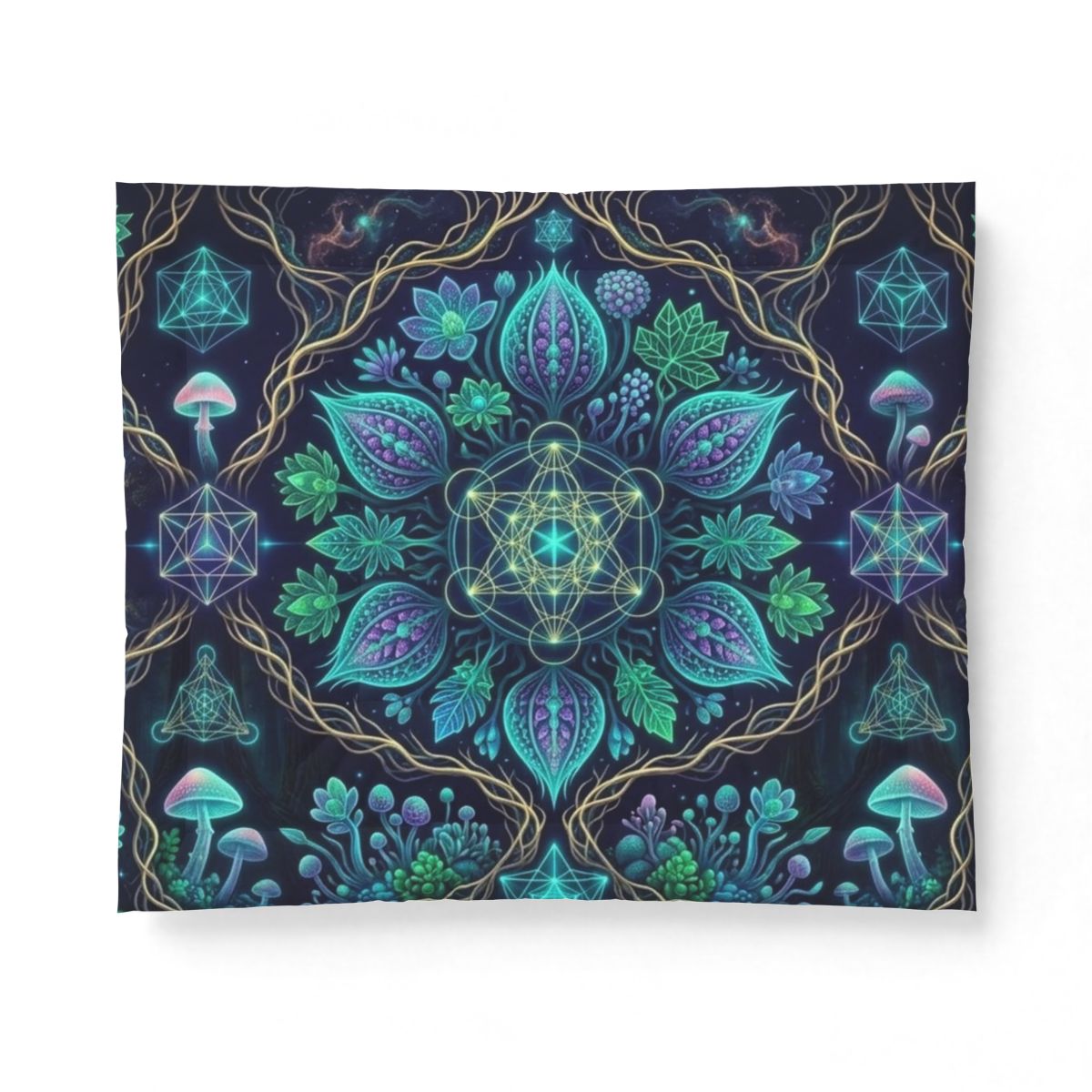 Floral Sacred Geometry Cotton Comforter | Teal Mushroom Mandala