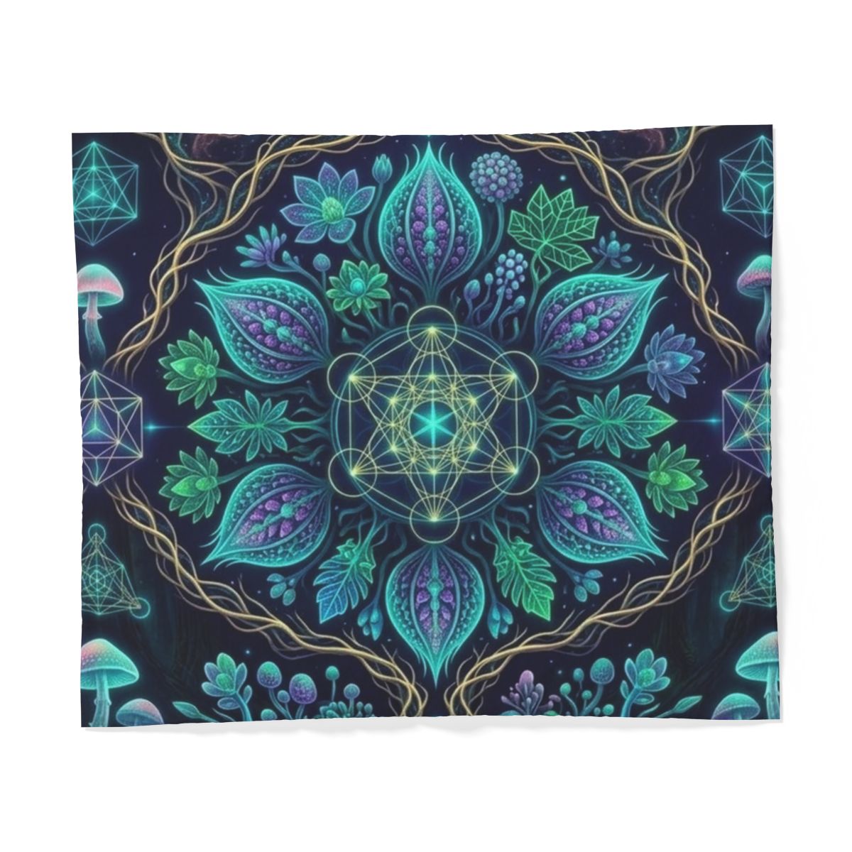 Teal Floral Mandala Cotton Duvet Cover | Botanical Geometric Bedding