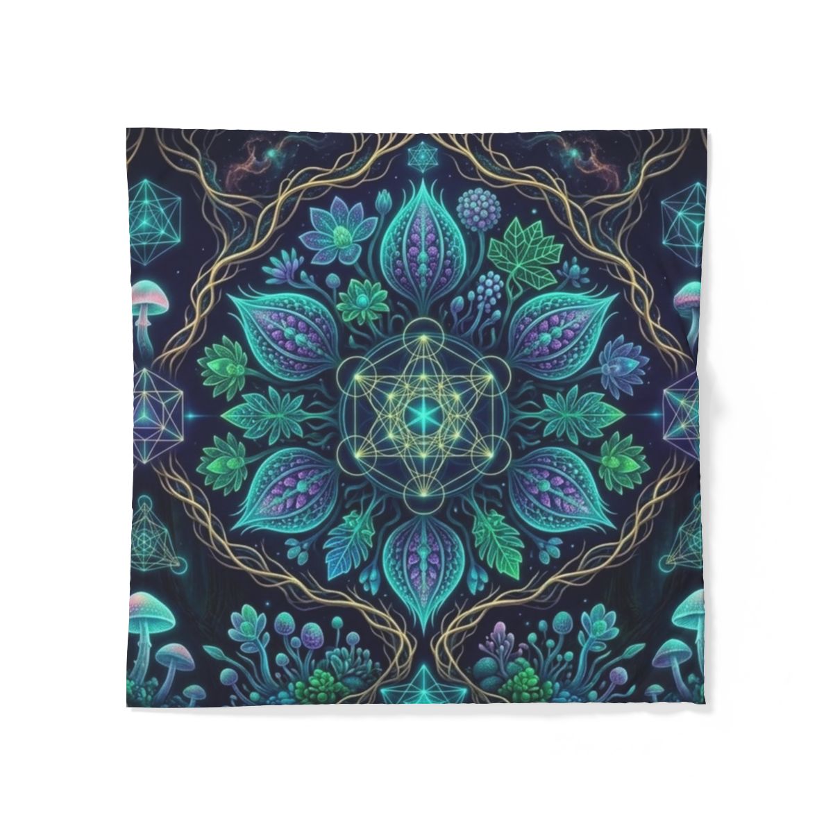 Teal Floral Mandala Cotton Duvet Cover | Botanical Geometric Bedding