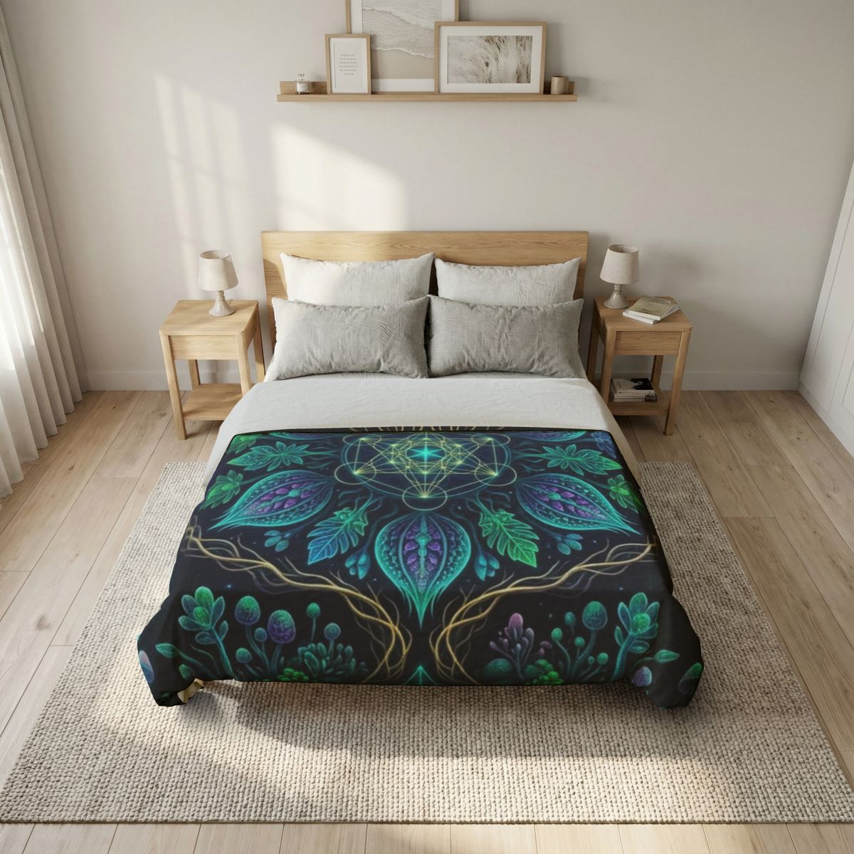Teal Floral Mandala Cotton Duvet Cover | Botanical Geometric Bedding
