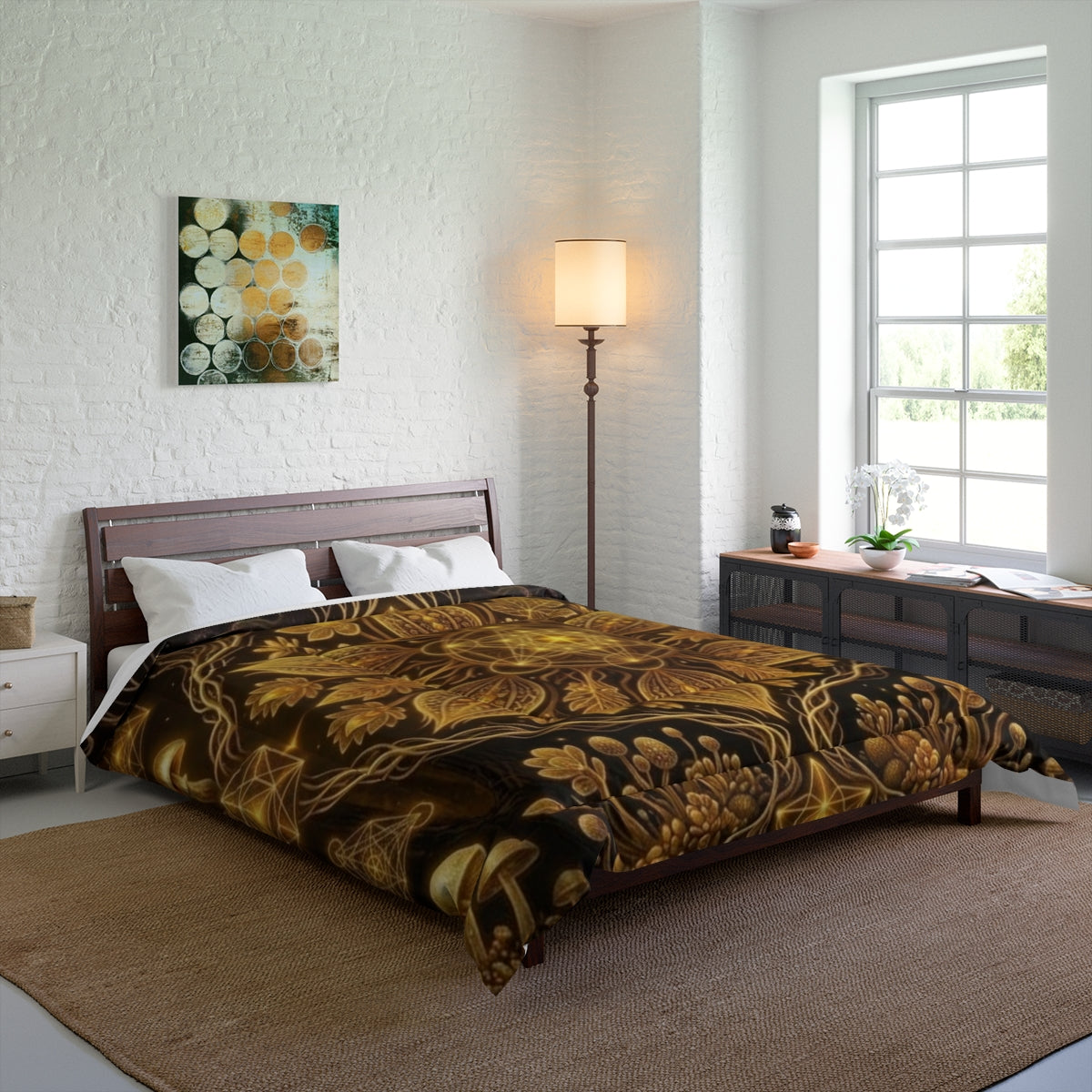 Golden Floral Mandala Comforter | Boho Botanical Bedding