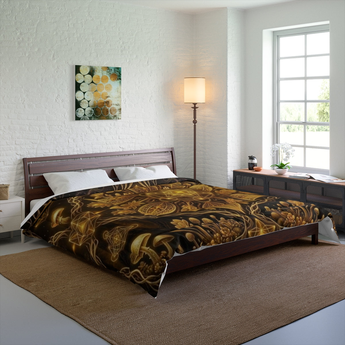 Golden Floral Mandala Comforter | Boho Botanical Bedding
